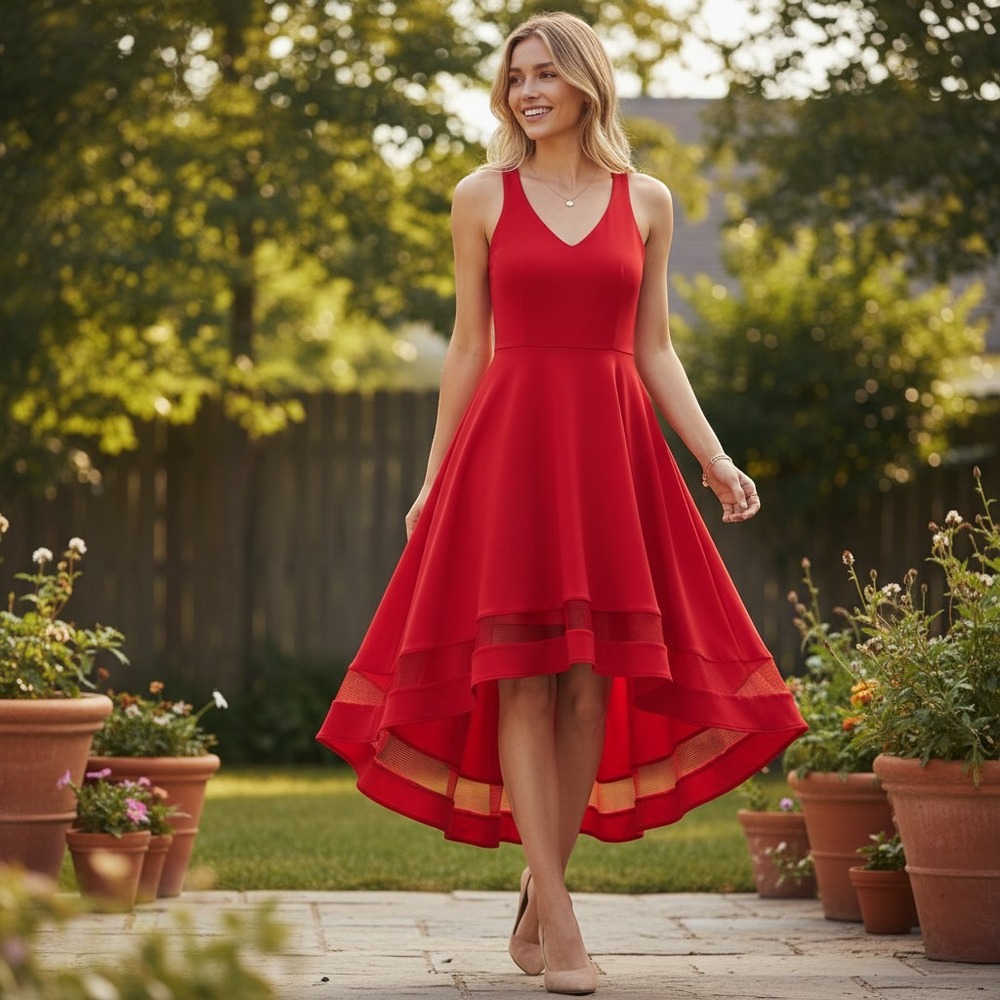 B. Darlin Fit & Flare High Low Dress Red 13/14 Mesh Trim Formal Cocktail Party
